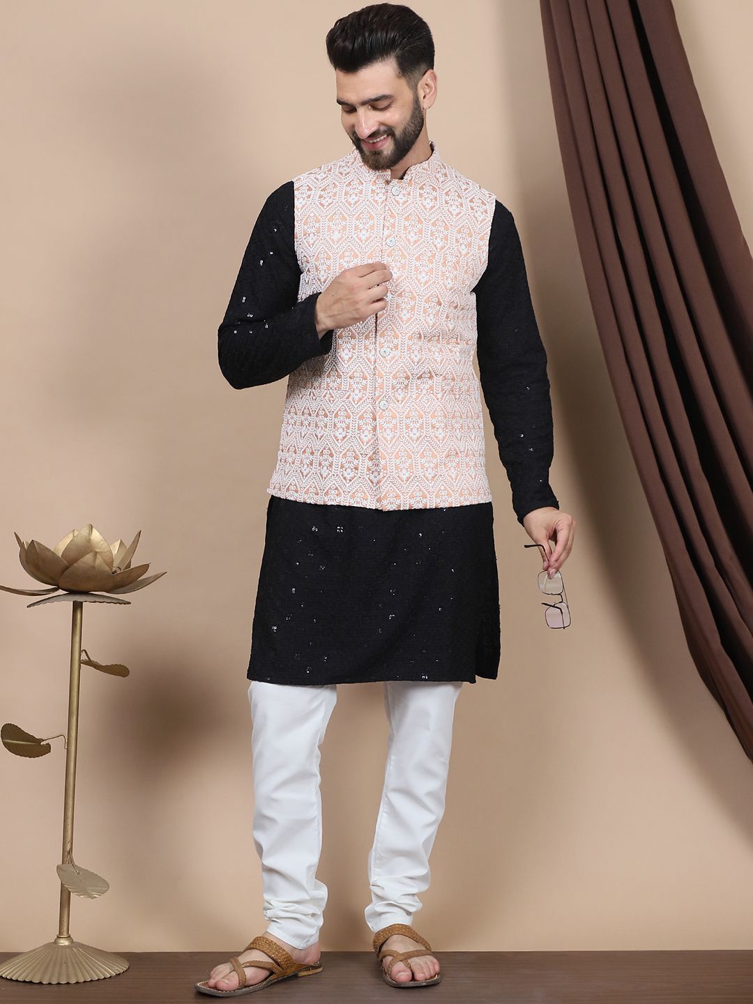 Anouk Black Floral Embroidered Pure Cotton Straight Kurta & Churidar & Nehru Jacket