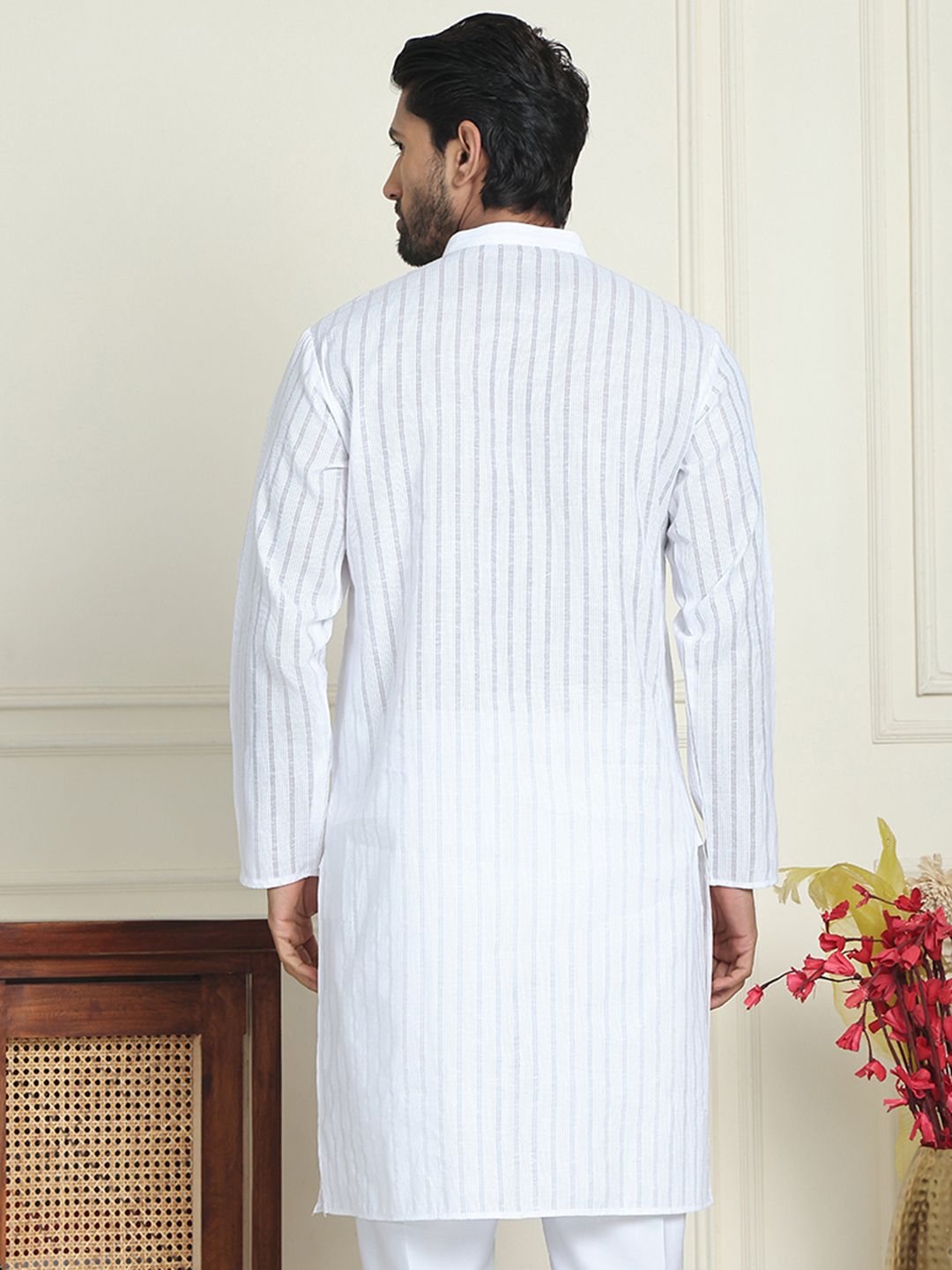 Jompers Striped Mandarin Collar Pure Cotton Straight Kurtas