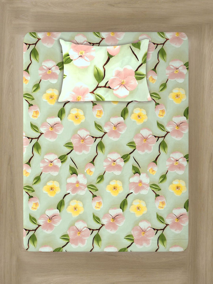 KLOTTHE Green & Pink Floral Printed Flat 300 TC Single 7D Bedsheet With Pillow Cover