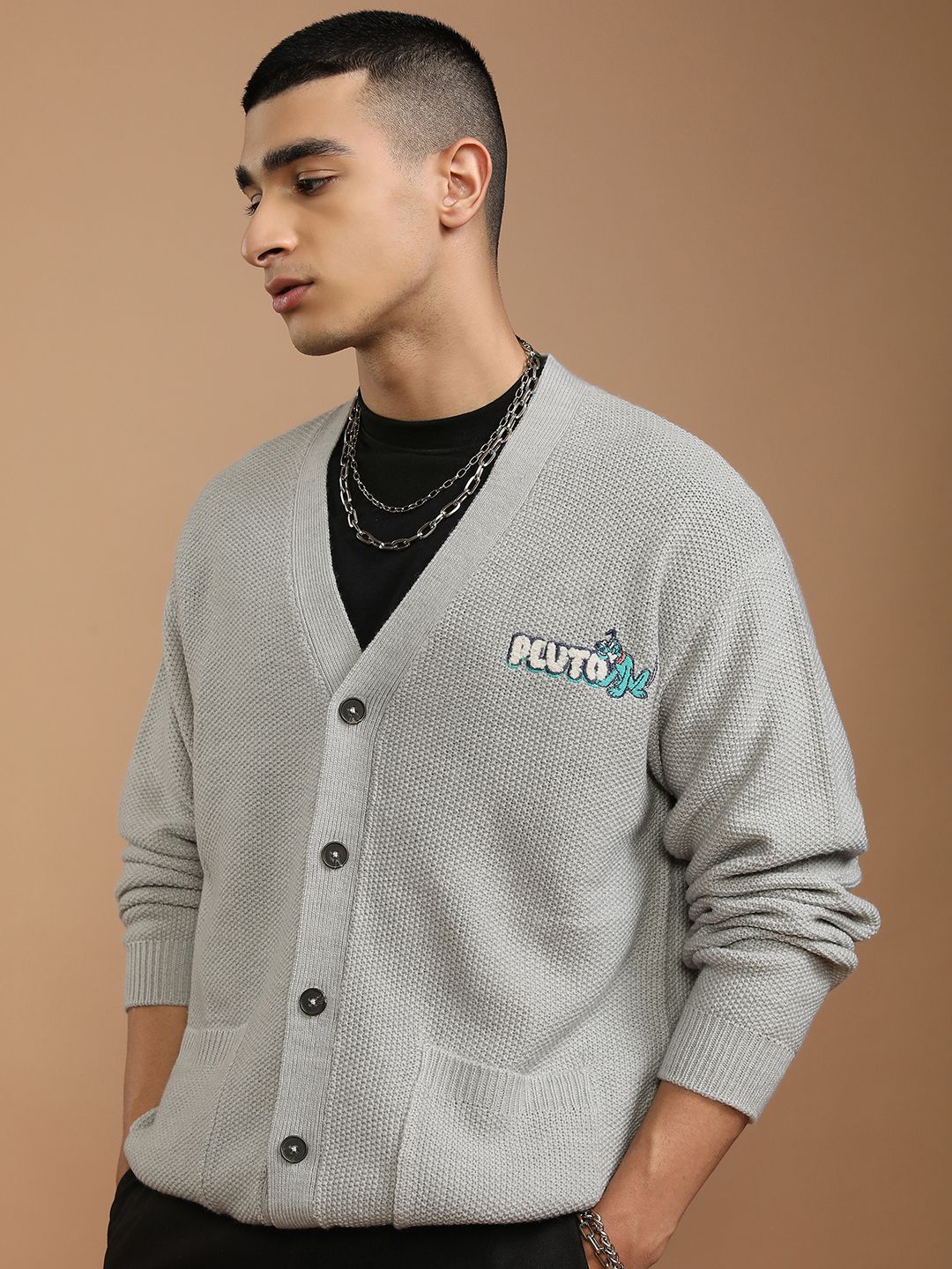 HIGHLANDER Men Embroidered Ribbed Cardigan with Embellished Detail