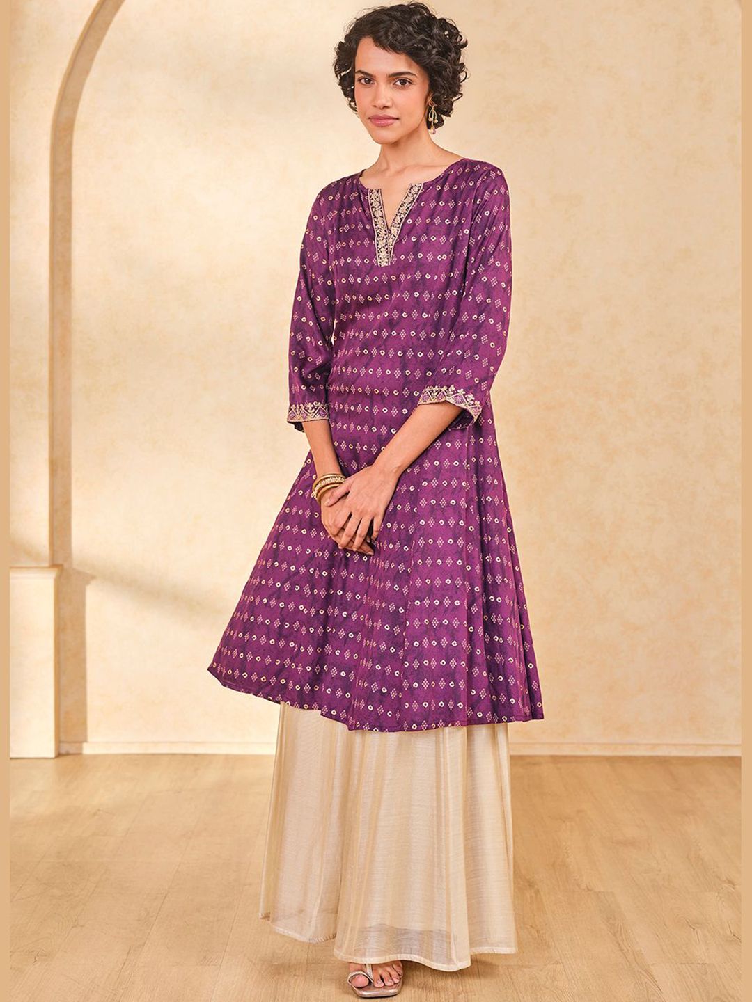 Global Desi Bandhani Woven Design Notched Neck A-Line Kurta