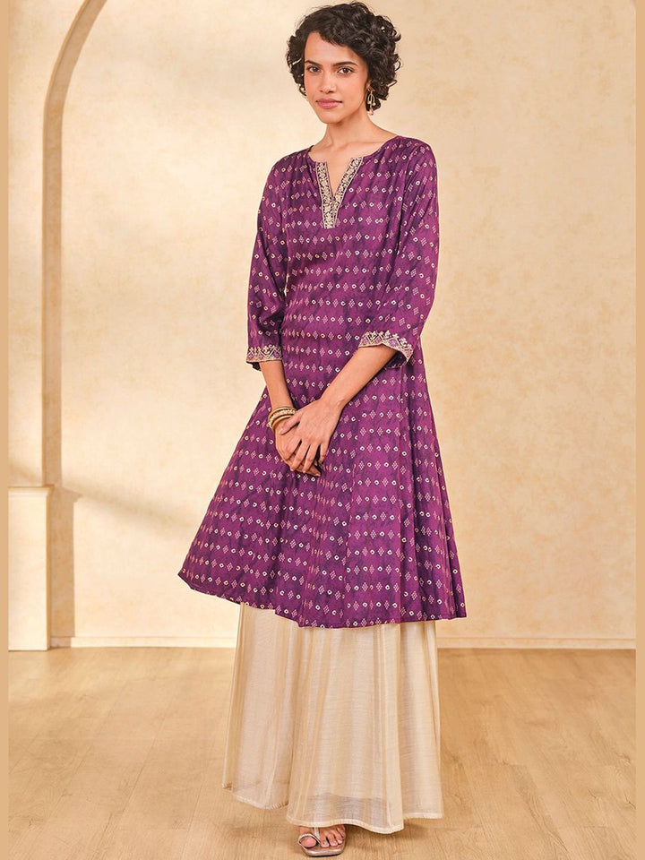Global Desi Bandhani Woven Design Notched Neck A-Line Kurta