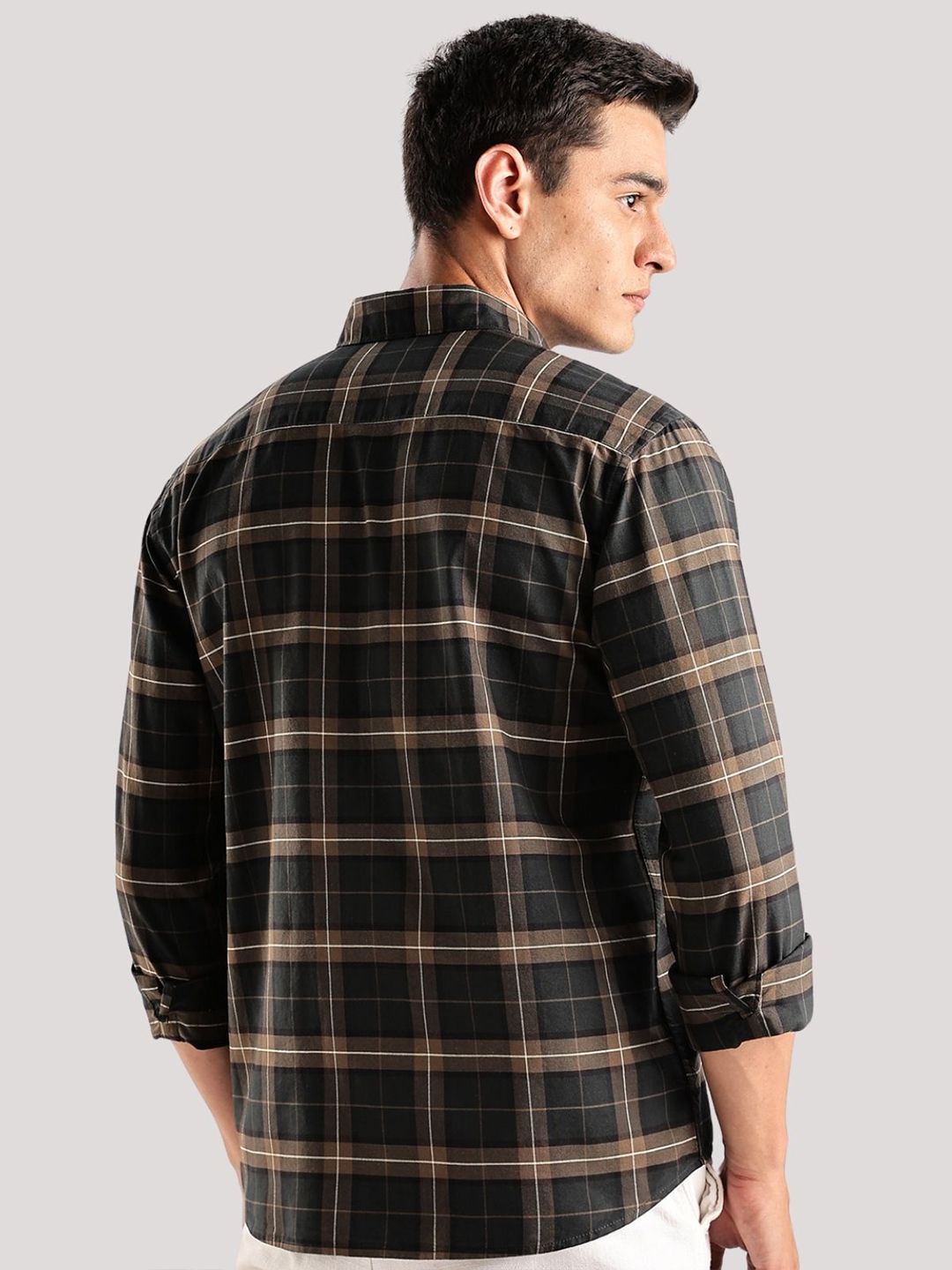 ADRO Tartan Checked Spread Collar Baju Kasual Kapas Lengan Panjang