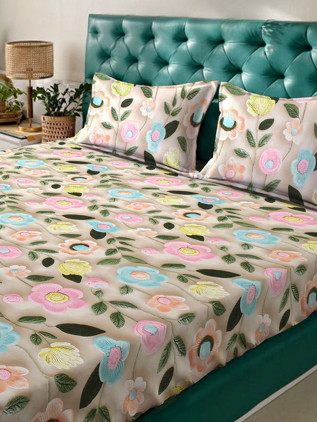 KLOTTHE Beige & Pink Floral Printed Fitted 300 TC King 7D Bedsheet With 2 Pillow Cover