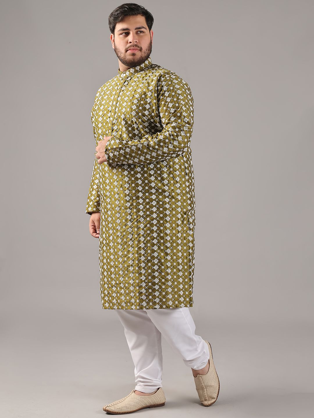 SOJANYA PLUS Plus Size Lelaki Kolar Jalur Sulam Bunga Kurta Lurus Dengan Piyama
