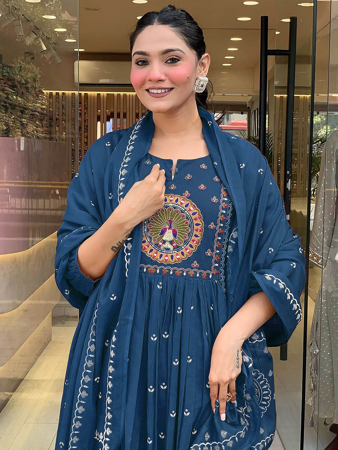 KALINI Floral Embroidered Pleated Mirror Work Anarkali Kurta With Trousers & Dupatta