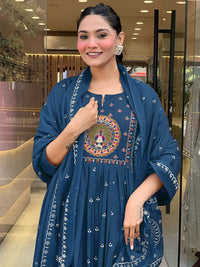 KALINI Floral Embroidered Pleated Mirror Work Anarkali Kurta With Trousers & Dupatta