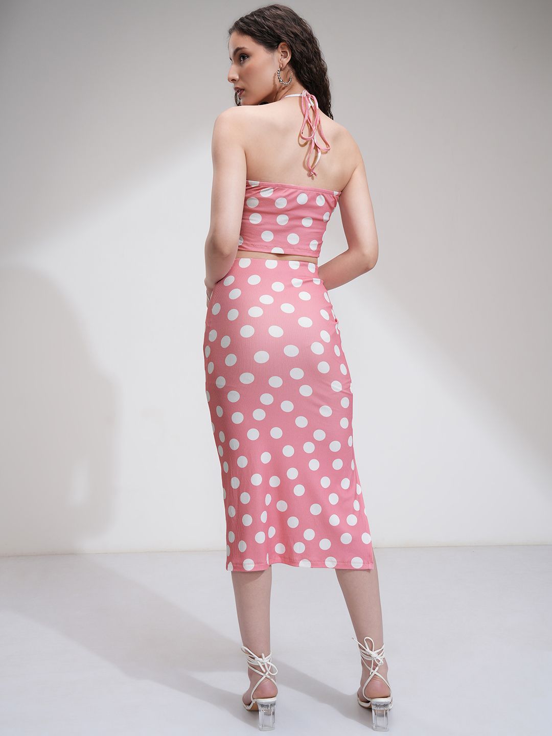 Tokyo Talkies Women Polka Dot Corsage Top with Midi Skirt Co-Ords