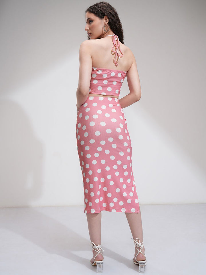 Tokyo Talkies Women Polka Dot Corsage Top with Midi Skirt Co-Ords