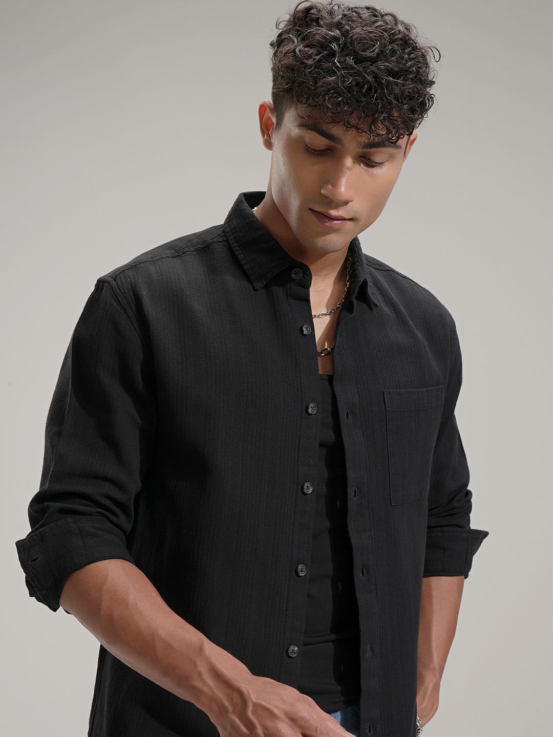 HIGHLANDER Men Comfort Relaxed Fit Textured Spread Collar Cotton Casual Shirt