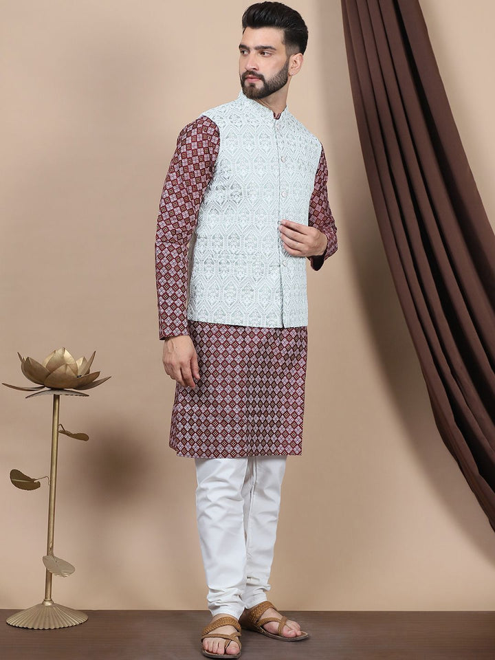 Anouk Purple Ethnic Motifs Woven Design Mandarin Collar Straight Kurta & Nehru Jacket