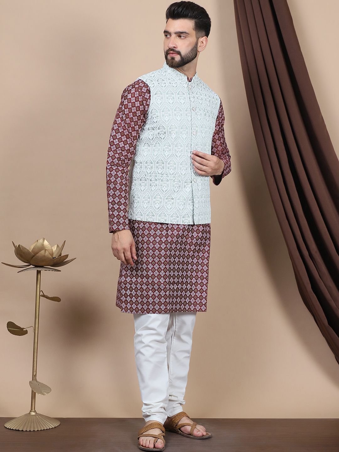 Anouk Purple Ethnic Motifs Woven Design Mandarin Collar Straight Kurta & Nehru Jacket