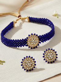 KARATCART Gold-Plated White Crystal & Kundan-Studded & Blue Beaded Handcrafted Jewellery Set