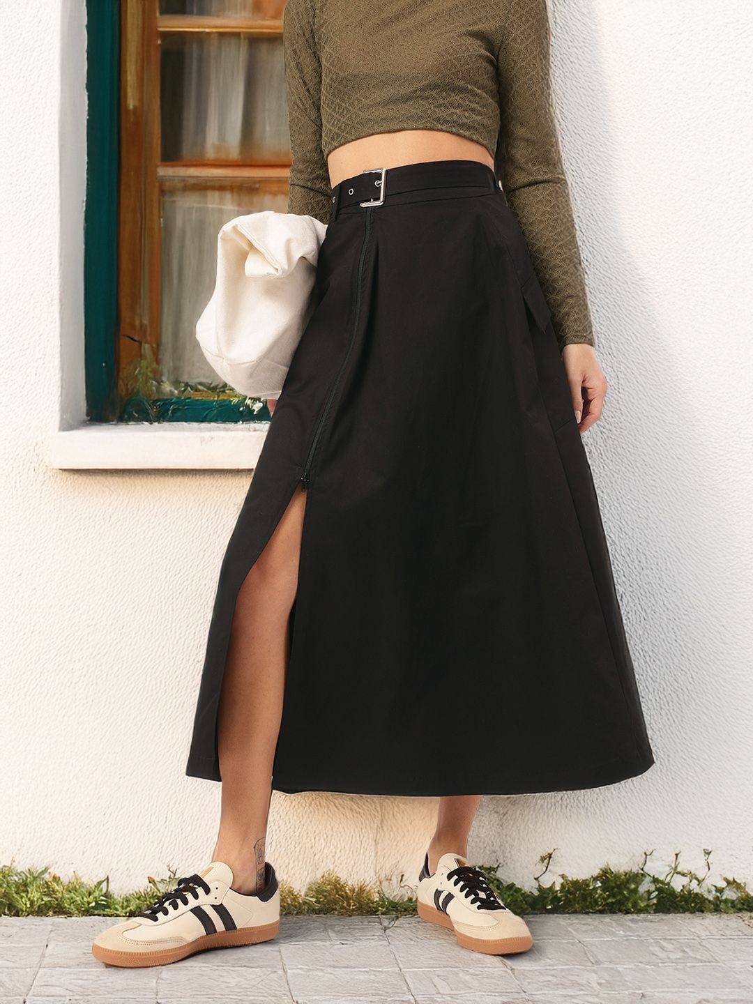 DressBerry Luxe Line Belted Midi A-line Skirt with Zip-Detail