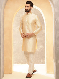 Anouk Beige Woven Design Jacquard Silk Straight Kurta Dengan Piyama Dan Jaket Nehru