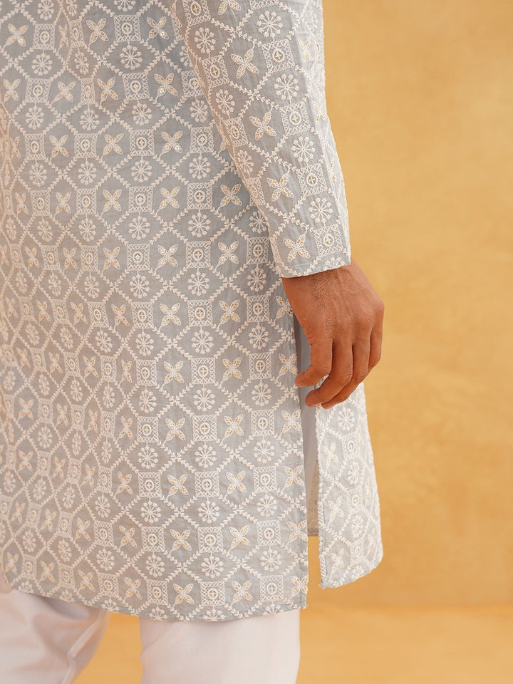 SOJANYA Chikankari Embroidered Band Collar Pure Cotton Straight Long Kurta