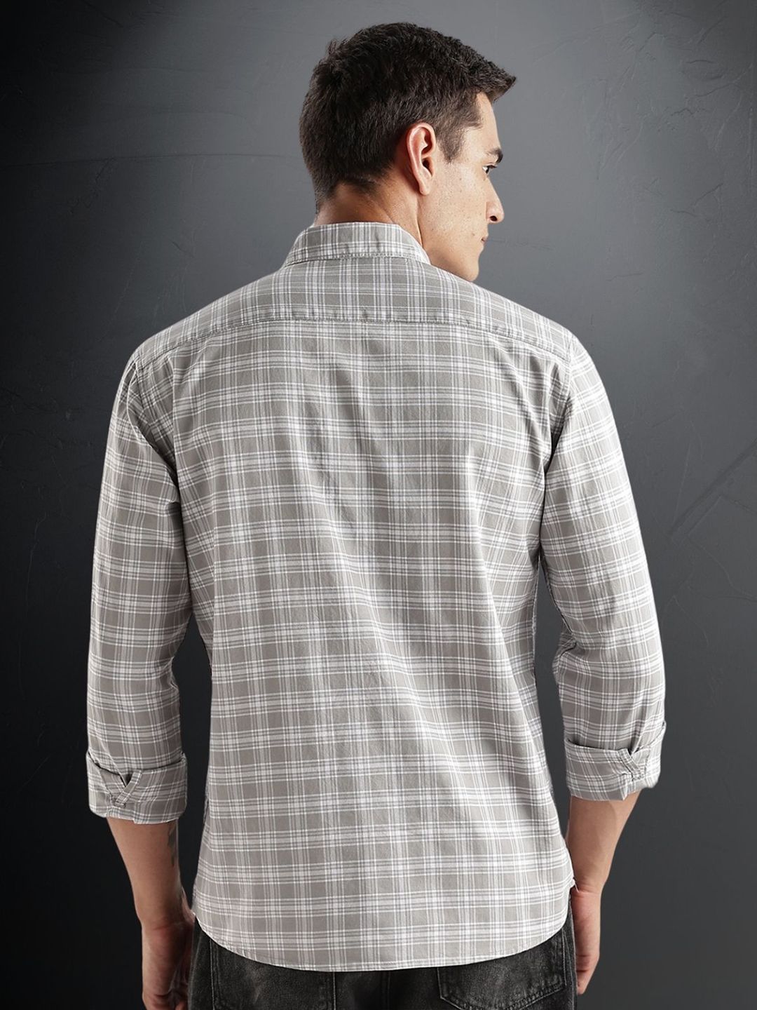 ADRO Tartan Checked Spread Collar Long Sleeves Cotton Casual Shirt