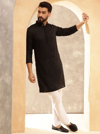 Anouk Black Mandarin Collar Floral Sulam Kurta Lurus Kapas Tulen