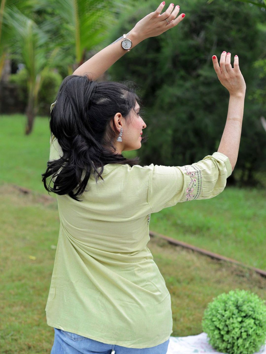 KALINI Floral Embroidered Mandarin Collar A-Line Kurti