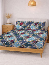 KLOTTHE Blue Floral Fitted Double Bedsheet with 2 Pillow Covers