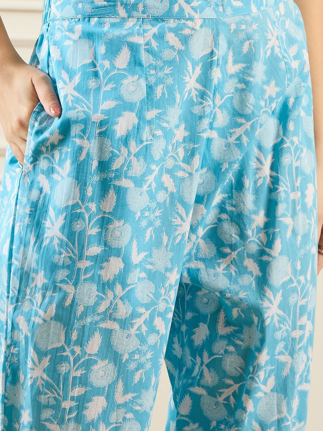 Indo Era Floral Printed V-Neck Pure Cotton Tunic & Trouser