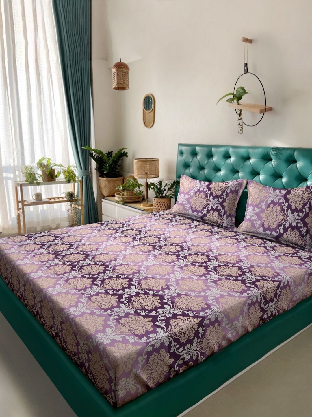 KLOTTHE Purple Ethnic Motifs Polycotton 300 TC King Fine Bedsheet with 2 Pillow Covers-98 x 89 inches