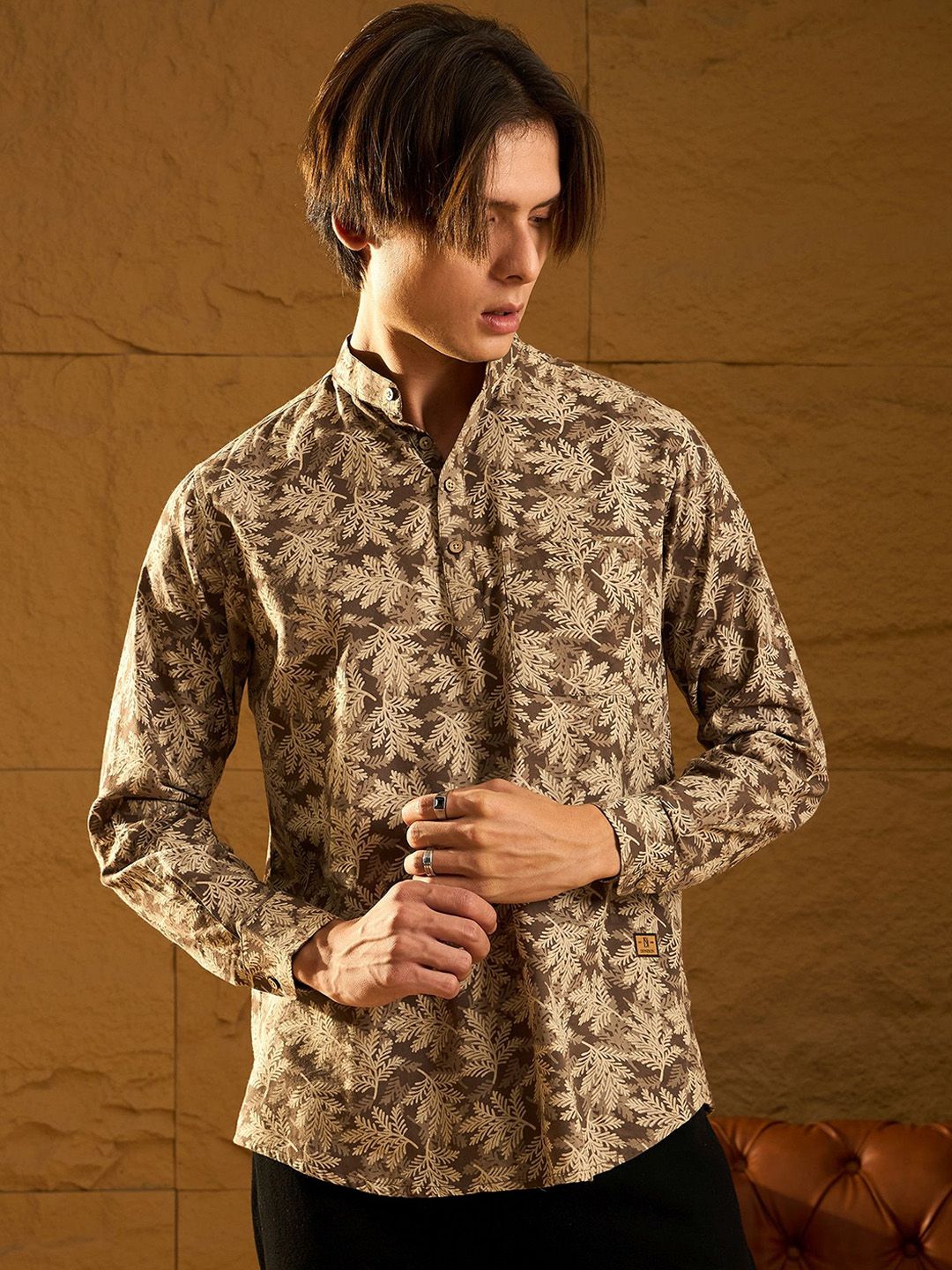 Dennison Floral Block dicetak kapas kolar mandarin pendek kurta pendek