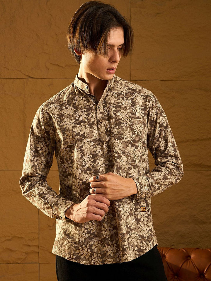 DENNISON Floral Block Printed Mandarin Collar Cotton Short Kurta