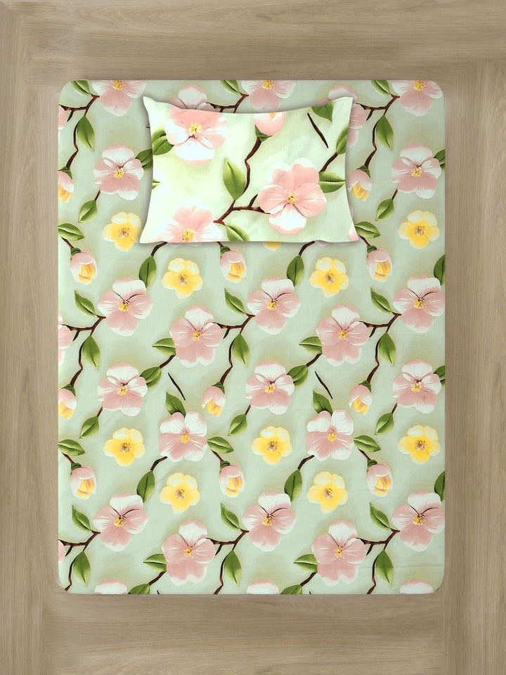 Myntra Elegant Green Floral 300 TC Single 7D Bedsheet with 1 Pillow Cover