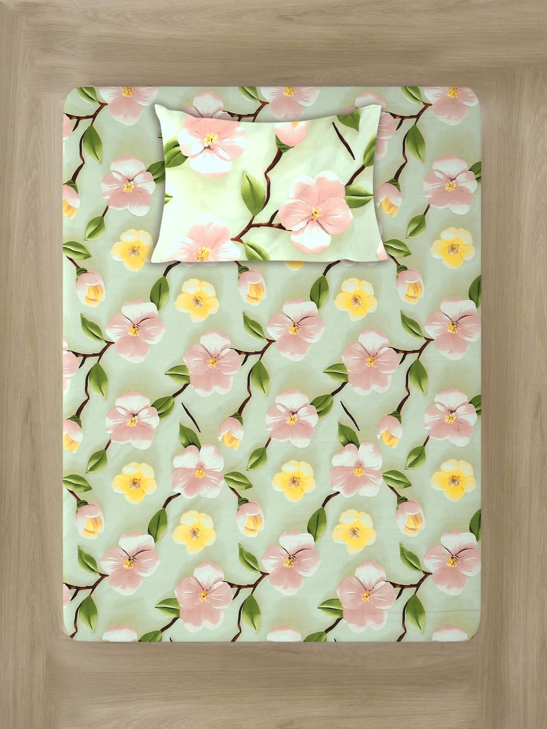 Myntra Elegant Green Floral 300 TC Single 7D Bedsheet with 1 Pillow Cover