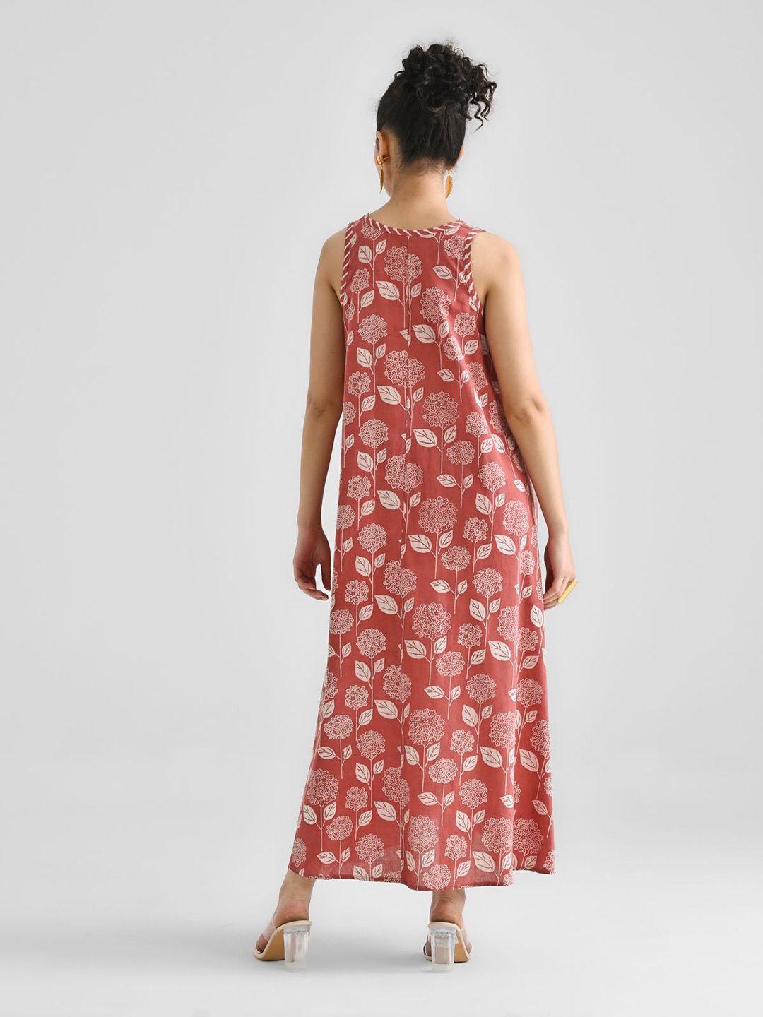 Rustorange Floral Printed Cotton A-Line Maxi Dress