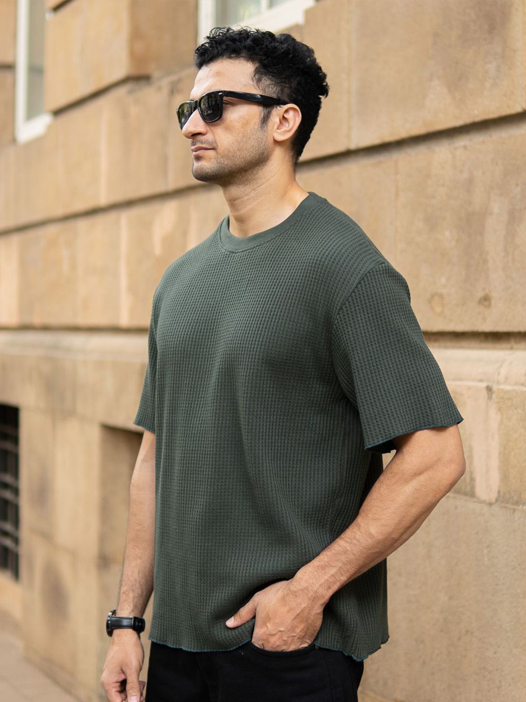 Powerlook Men Self Design Round Neck Oversized T-shirt