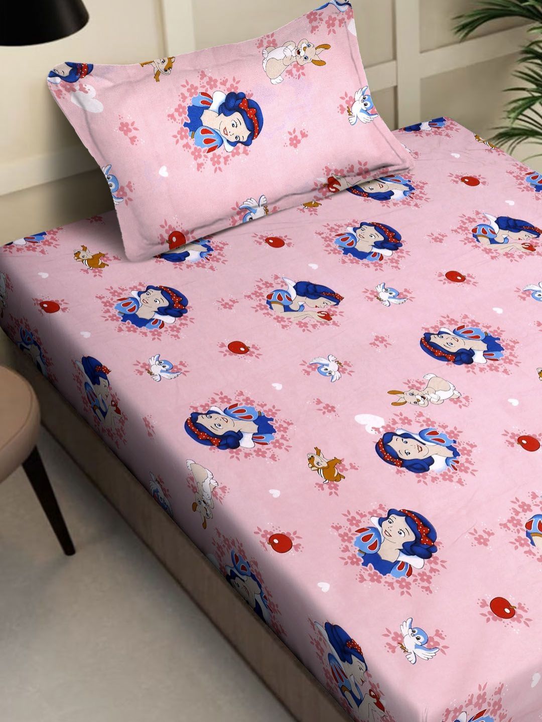 KLOTTHE Pink Printed 400 TC Pure Cotton Single Bedsheet With 1 Pillow Covers