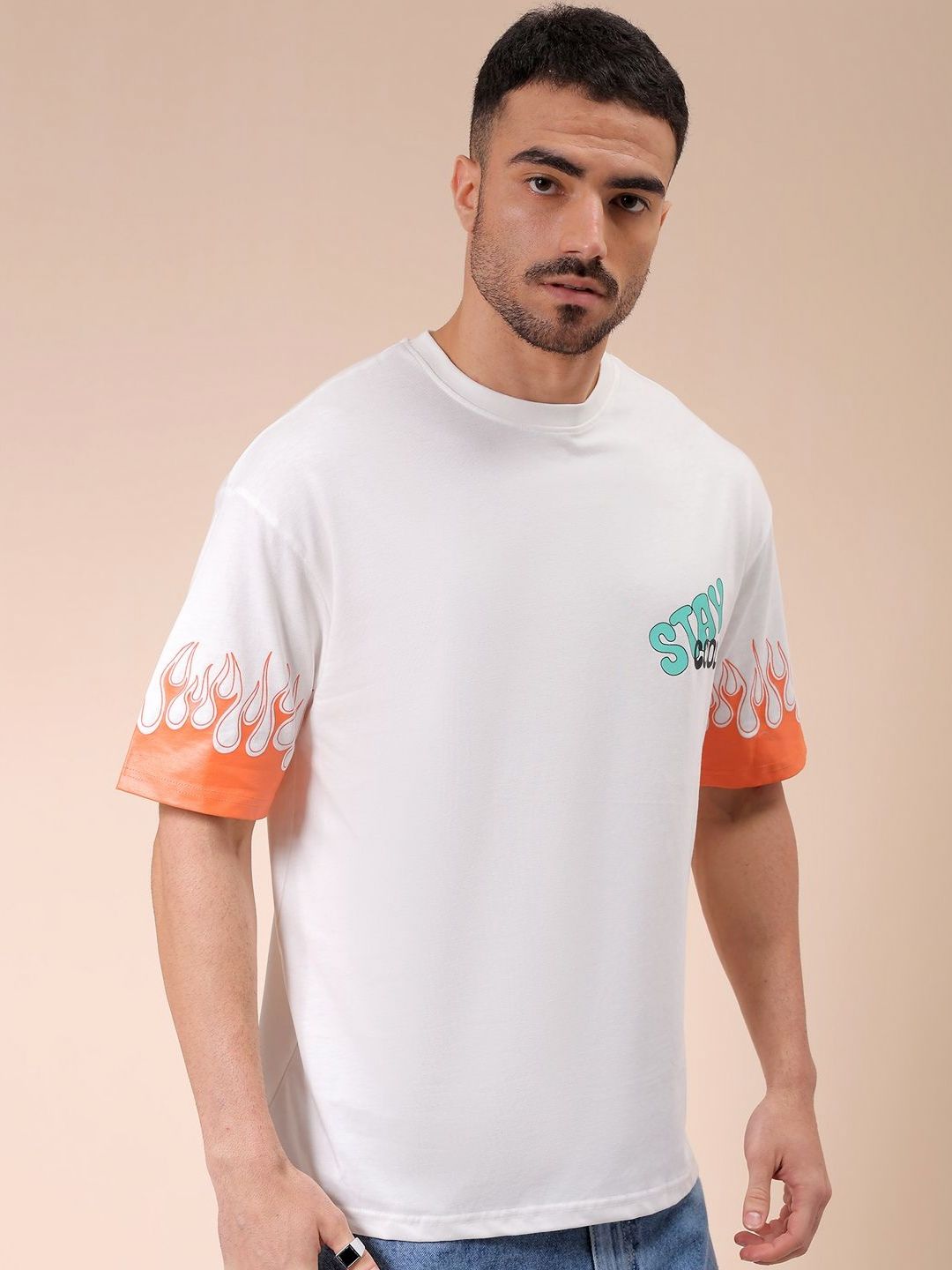 The Indian Garage Co Men Graphic Printed Round Neck Cotton Oversized T-shirt