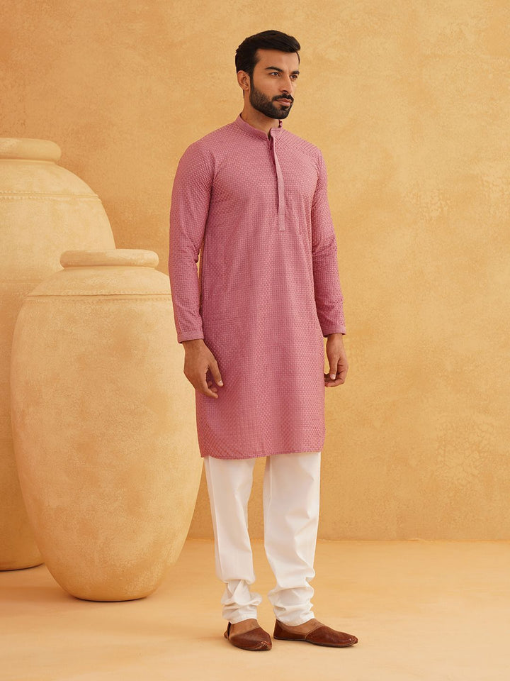 SOJANYA Kolar Mandarin Sulam Geometrik Pure Cotton Kurta Lurus