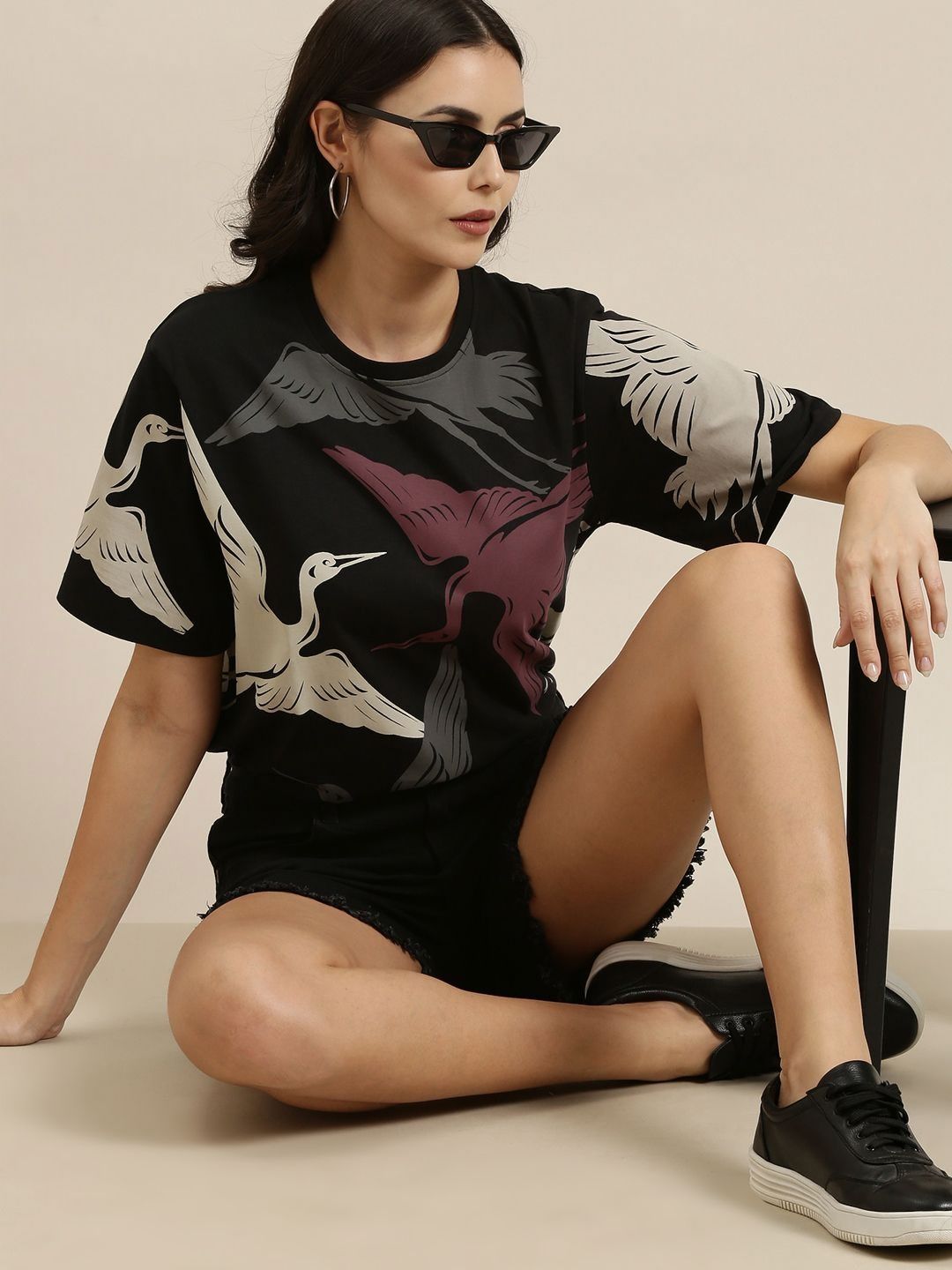 Difference of Opinion Women Conversational Printed Round Neck Cotton Oversized T-Shirt