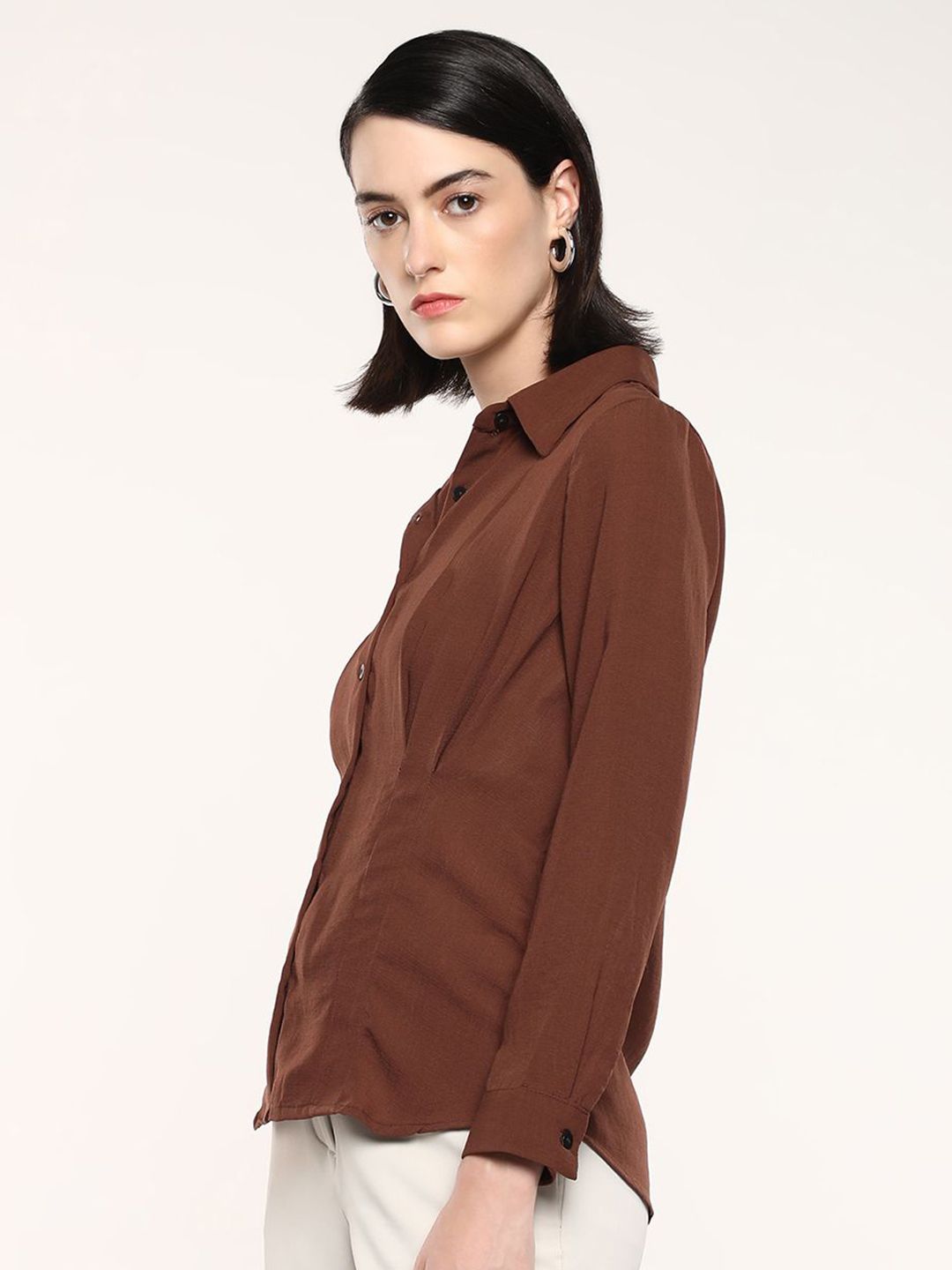 RAREISM Women Solid Shirt Collar Shirt Style Cotton Top