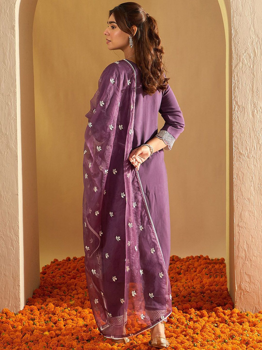 Indo Era Floral Embroidered Thread Work Straight Kurta With Trousers & Dupatta