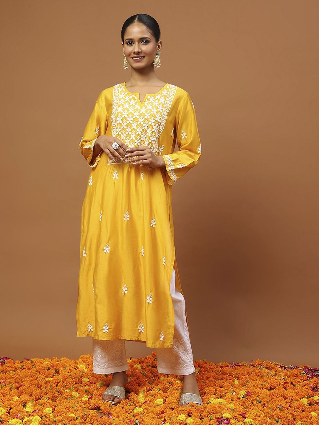 Rumah Chikankari Wanita Mustard Kuning Chanderi Chikankari Sulam Kurta