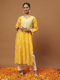 Rumah Chikankari Wanita Mustard Kuning Chanderi Chikankari Sulam Kurta