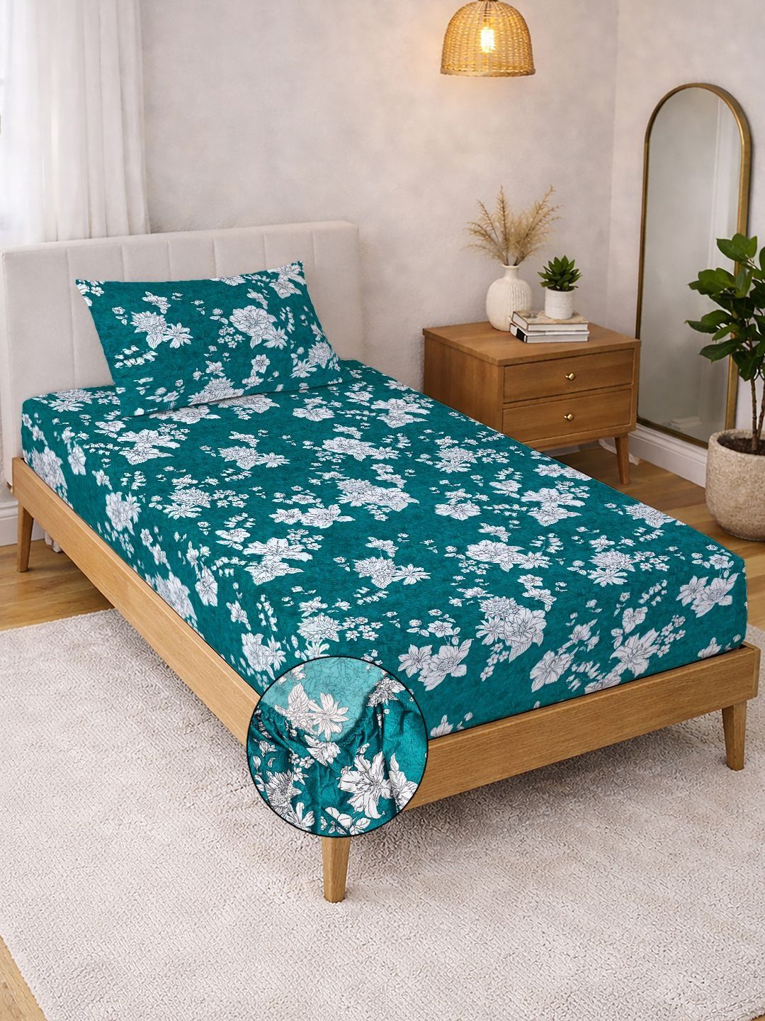 KLOTTHE Green Floral Printed 300 TC Single  Bedsheets