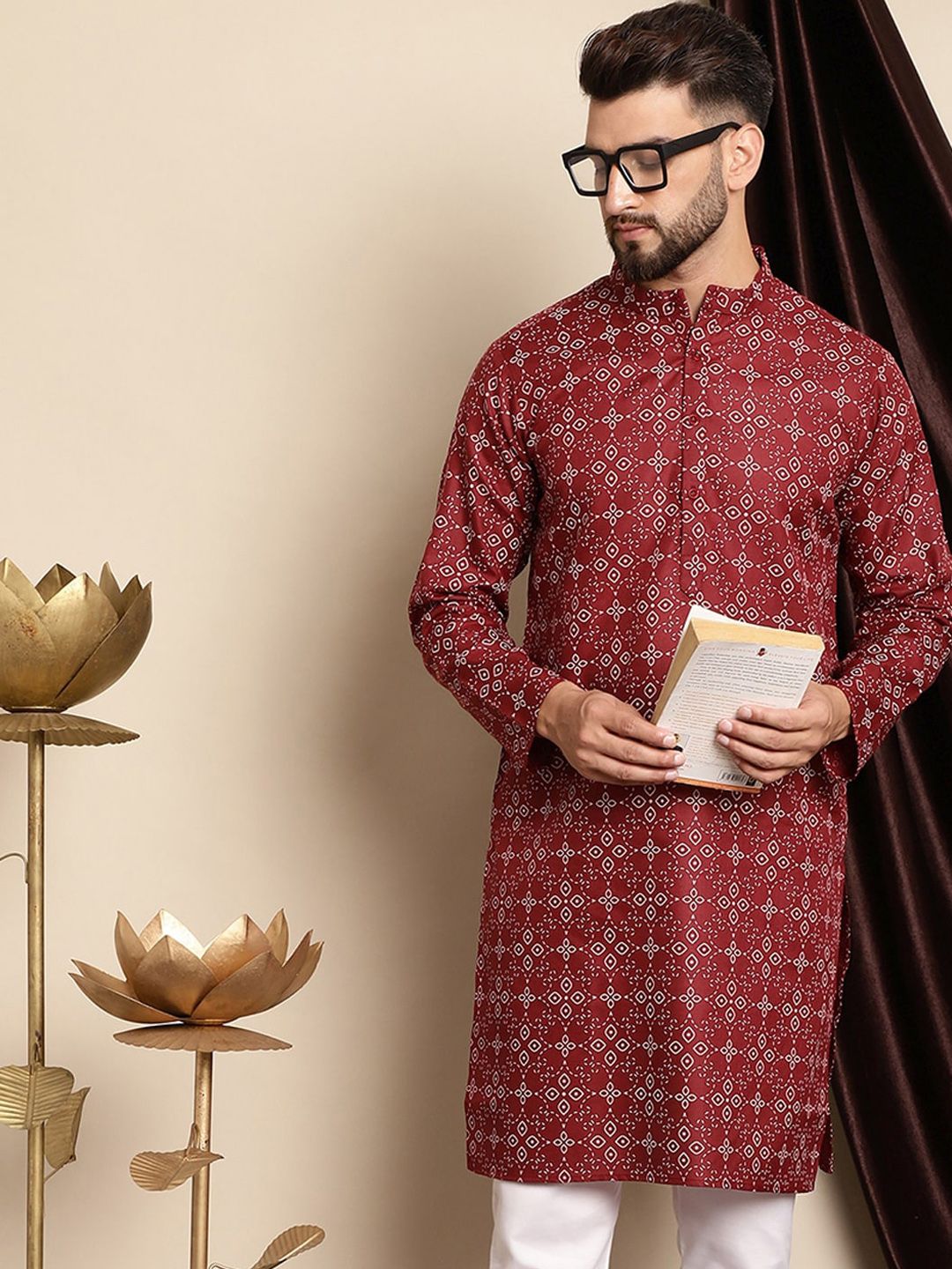 Anouk Ethnic Motifs Printed Band Collar Cotton Linen Regular Kurta