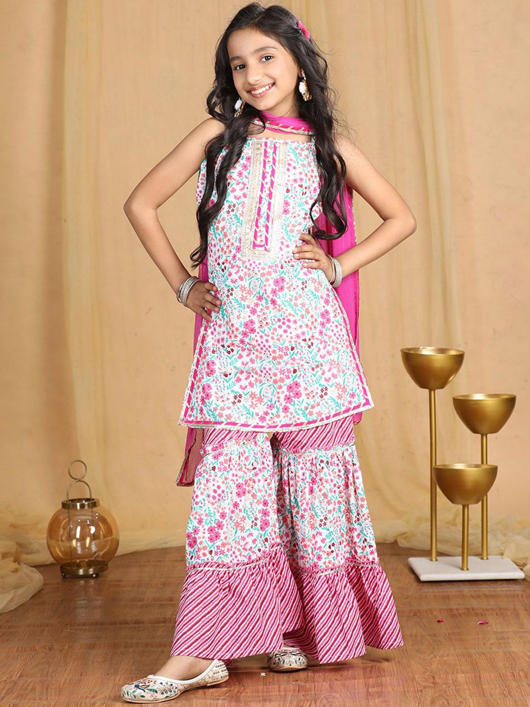Cutiekins Girls Floral Printed Regular Gotta Patti Kurta with Sharara & With Dupatta