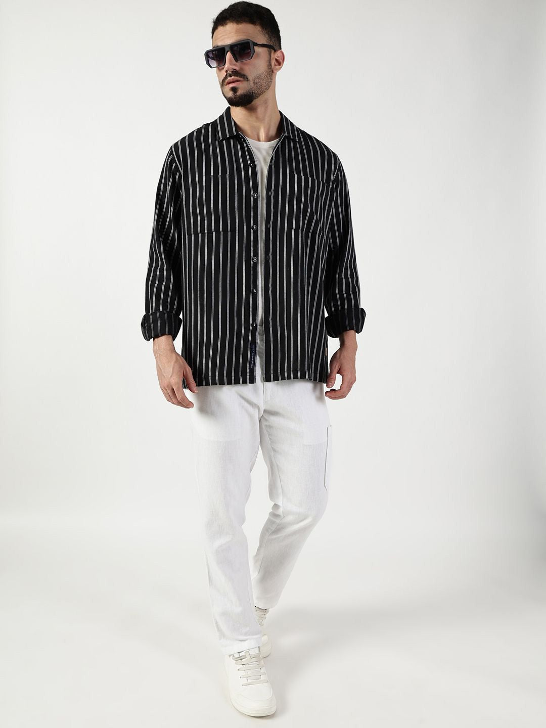 Thomas Scott Men Premium Spread Collar Vertical Striped Cotton Slim Fit Casual Shirt