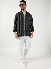 Thomas Scott Men Premium Spread Collar Vertical Striped Cotton Slim Fit Casual Shirt