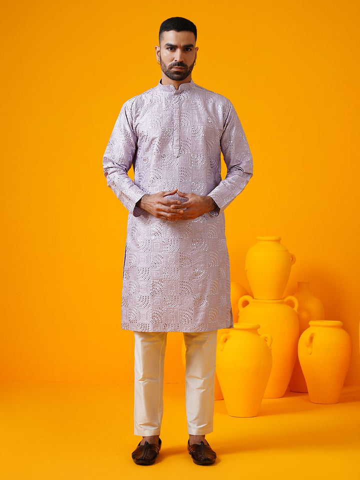 SOJANYA LUXE Geometric Embroidered Mandarin Collar Cotton Silk Straight Kurta With Trouser