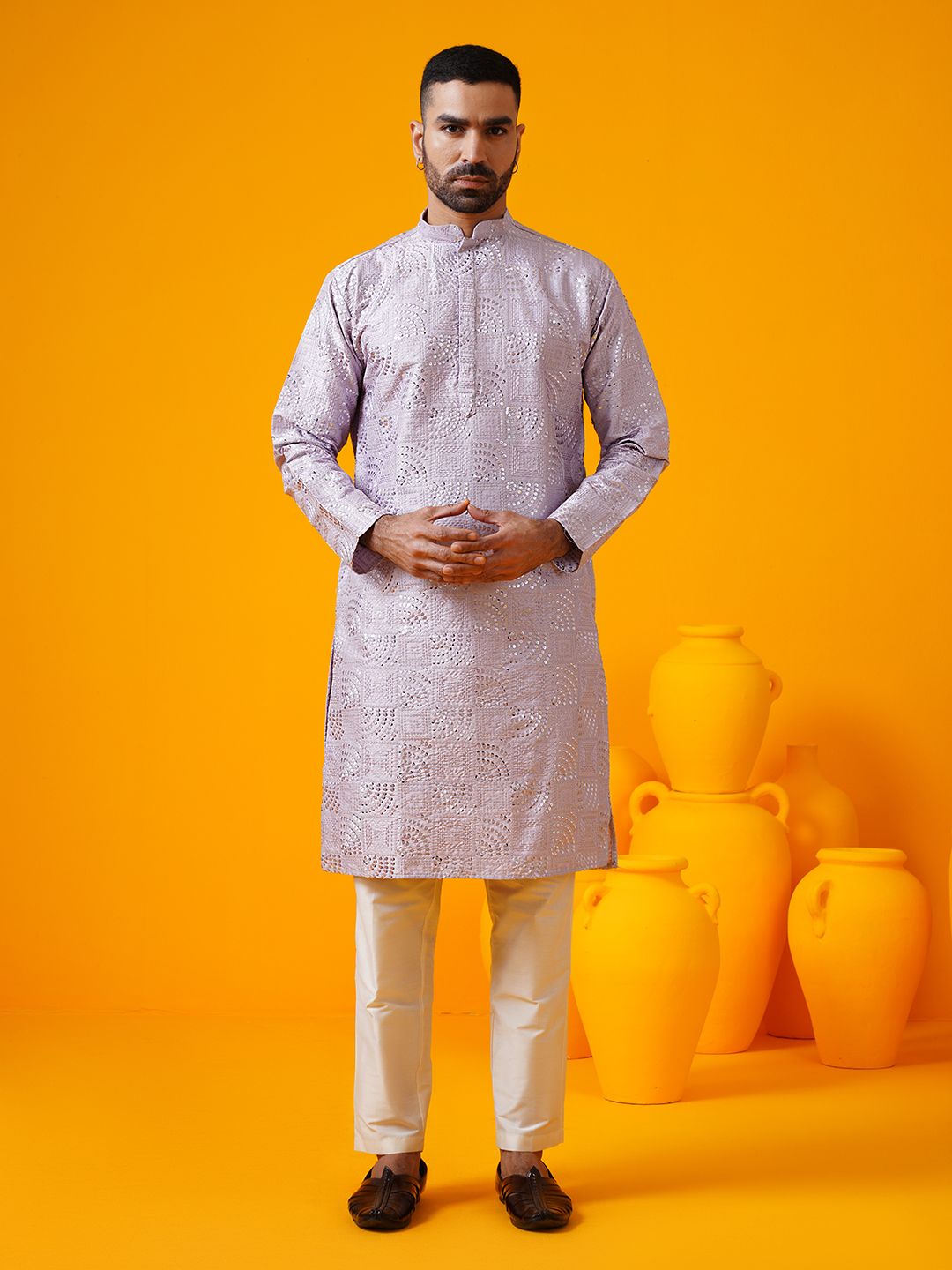 SOJANYA LUXE Geometric Embroidered Mandarin Collar Cotton Silk Straight Kurta With Trouser