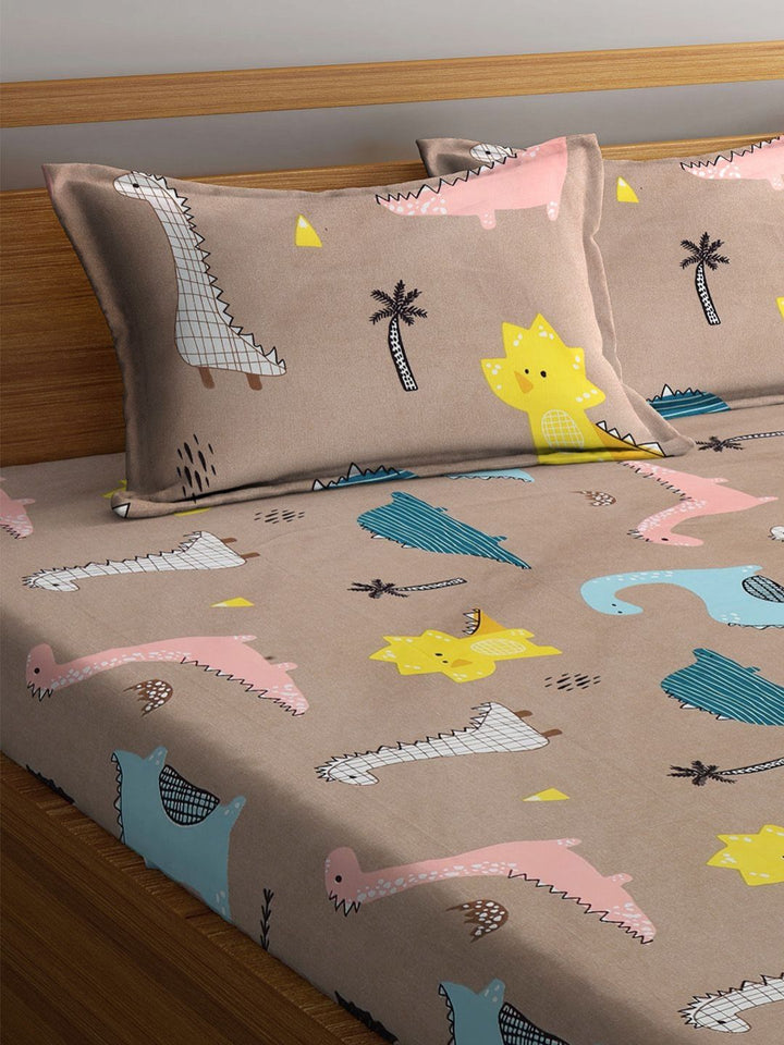Myntra Elegant Homes Kartun Coklat Dicetak Dilengkapi Cadar Katil King 300 TC Dengan 2 Sarung Bantal