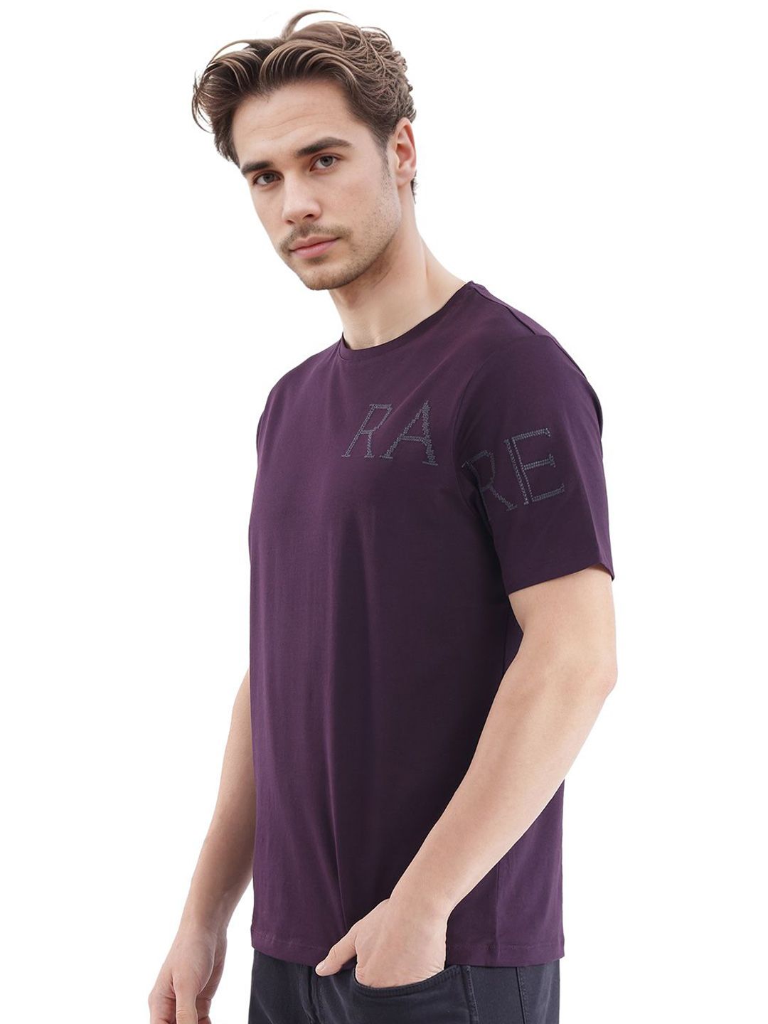 RARE RABBIT Men Solid Round Neck Cotton T-shirt