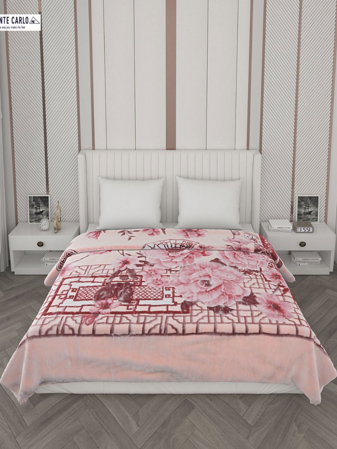Monte Carlo Peach & White Floral Printed Heavy Winter 1000 GSM Double Bed Blankets